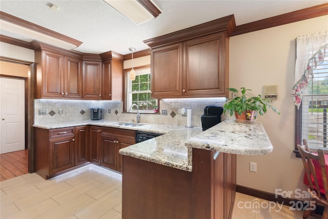 5563 Grace Chapel Rd, Hickory, NC 28601 - kitchen featuring ornamental molding, a peninsula, backsplash, pendant lighting, and light stone counters