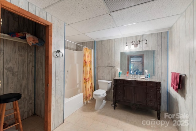 5563 Grace Chapel Rd, Hickory, NC 28601 - full bath featuring vanity, wood walls, shower / bathtub combination with curtain, tile patterned flooring, and a paneled ceiling