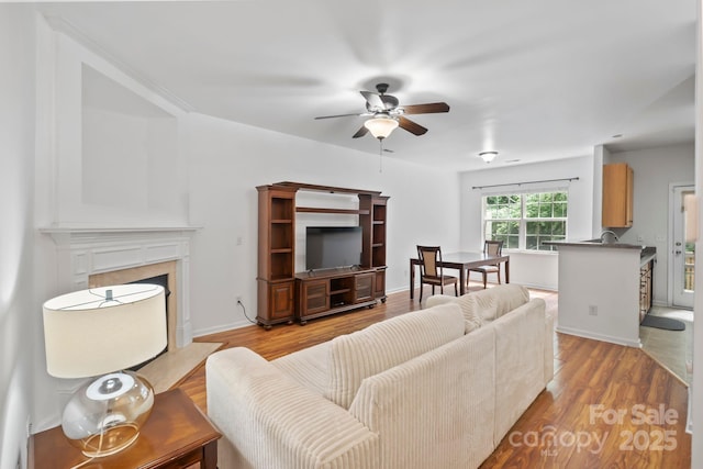 14664 Lions Paw St, Charlotte, NC 28273 - living area featuring a ceiling fan, a premium fireplace, and light wood-style flooring