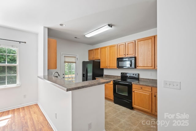 14664 Lions Paw St, Charlotte, NC 28273 - kitchen featuring black appliances, plenty of natural light, a peninsula, and dark countertops