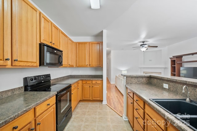 14664 Lions Paw St, Charlotte, NC 28273 - kitchen featuring black appliances, dark countertops, ceiling fan, open floor plan, and light tile patterned floors