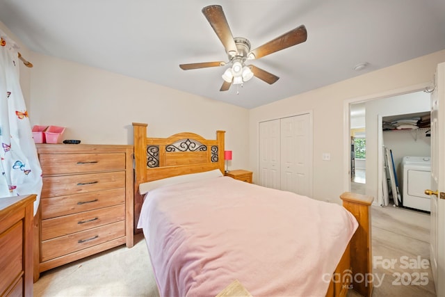 14664 Lions Paw St, Charlotte, NC 28273 - bedroom with washer / clothes dryer, light colored carpet, a closet, and a ceiling fan