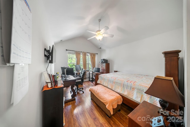 14664 Lions Paw St, Charlotte, NC 28273 - bedroom with vaulted ceiling, wood-type flooring, a ceiling fan, and a desk