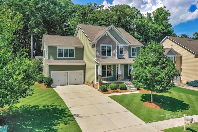 3701 Methodist Church Ln, Waxhaw, NC 28173 - craftsman-style house featuring a porch, driveway, a front lawn, an attached garage, and stone siding