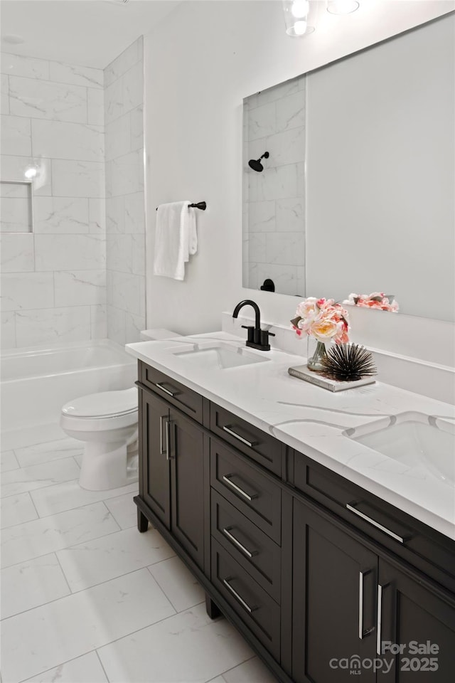 103 Wadesborough Pl, Wadesboro, NC 28170 - bathroom with marble look tile flooring, double vanity, and shower / tub combination