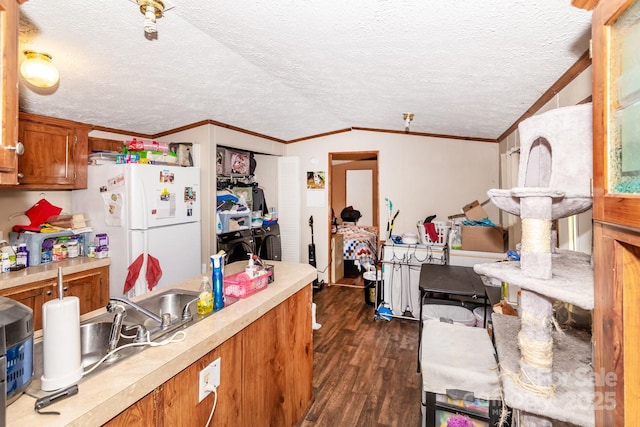 401 Webb Church Rd, Ellenboro, NC 28040 - kitchen with freestanding refrigerator, brown cabinetry, dark wood-style flooring, light countertops, and lofted ceiling