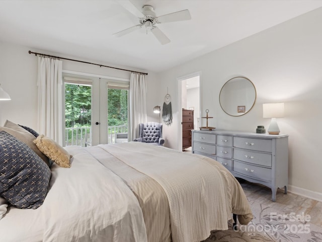 6934 Loretta Pl, Charlotte, NC 28215 - bedroom with access to outside, light wood finished floors, french doors, and a ceiling fan