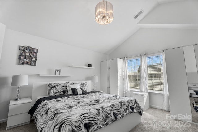 3735 Ernie Dr, Charlotte, NC 28269 - bedroom with carpet, lofted ceiling, and a chandelier