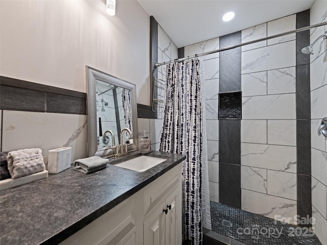 229 Yellow Bird Branch Rd, Sylva, NC 28779 - full bathroom with a tile shower, vanity, and recessed lighting