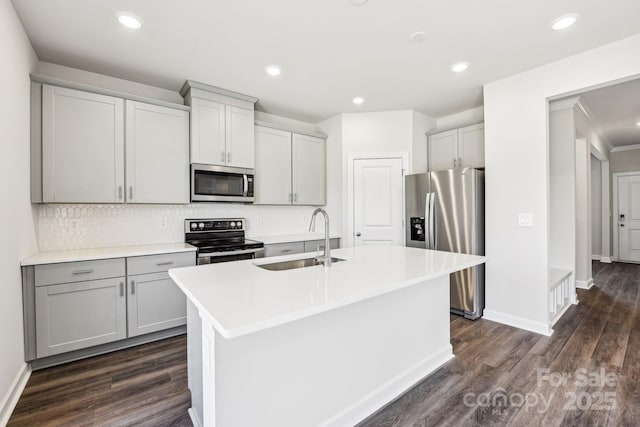 2125 Rolling Hills Ct, Stanley, NC 28164 - kitchen featuring stainless steel appliances, dark wood-style floors, gray cabinets, decorative backsplash, and recessed lighting