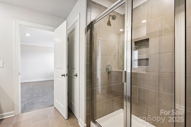 2125 Rolling Hills Ct, Stanley, NC 28164 - full bathroom with a stall shower, tile patterned floors, recessed lighting, and crown molding