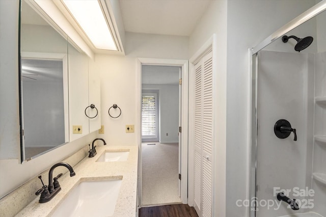 55 Diamond Ridge Ln, Columbus, NC 28722 - bathroom with a closet, a shower with door, and double vanity