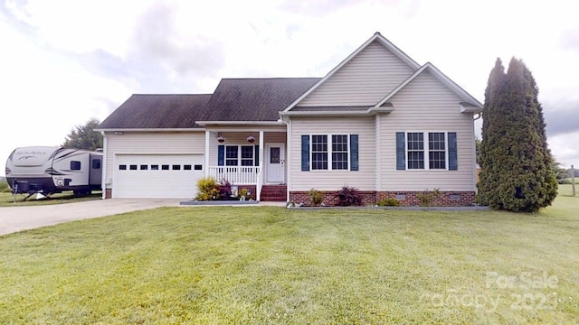 6825 Woodleaf Rd, Woodleaf, NC 27054 - view of front facade with driveway, a front lawn, a garage, and a porch