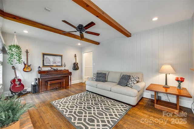 7026 Tabor Ln, Charlotte, NC 28211 - living room with beam ceiling, ceiling fan, wood finished floors, and recessed lighting