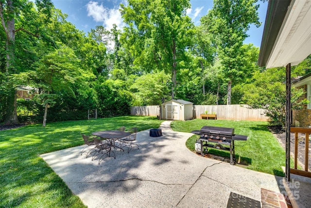 7026 Tabor Ln, Charlotte, NC 28211 - fenced backyard featuring a storage shed, a patio, view of wooded area, and grilling area