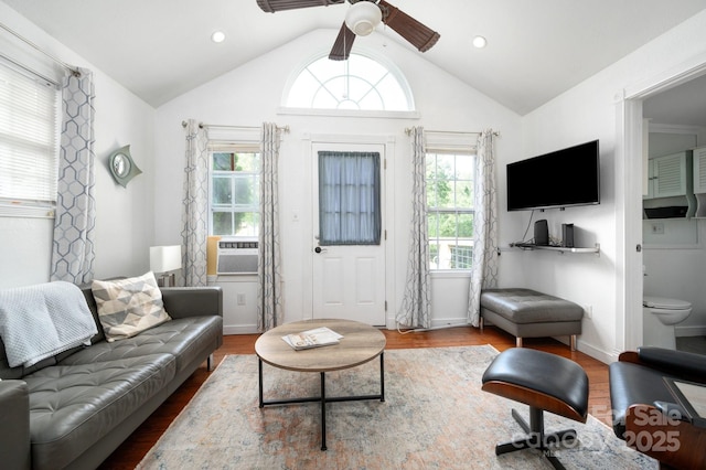 5 Arbutus Rd, Asheville, NC 28805 - living room featuring ceiling fan, wood finished floors, vaulted ceiling, cooling unit, and recessed lighting