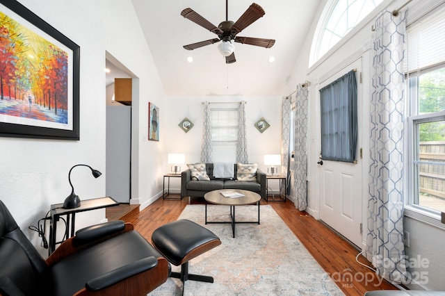 5 Arbutus Rd, Asheville, NC 28805 - living area with lofted ceiling, a ceiling fan, wood finished floors, and recessed lighting