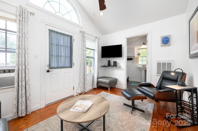 5 Arbutus Rd, Asheville, NC 28805 - living area featuring wood finished floors, high vaulted ceiling, and ceiling fan