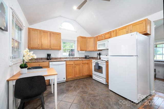 5 Arbutus Rd, Asheville, NC 28805 - kitchen with white appliances, vaulted ceiling, plenty of natural light, and a ceiling fan