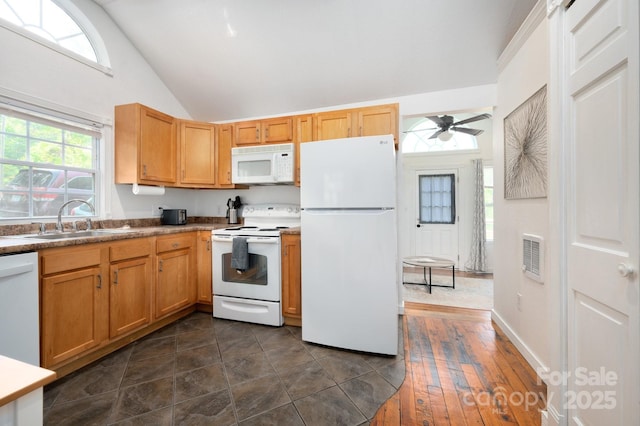 5 Arbutus Rd, Asheville, NC 28805 - kitchen with white appliances, vaulted ceiling, and ceiling fan