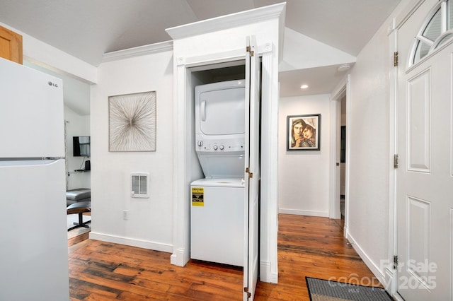 5 Arbutus Rd, Asheville, NC 28805 - laundry area featuring stacked washer / dryer, wood finished floors, ornamental molding, and recessed lighting