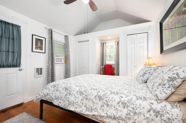5 Arbutus Rd, Asheville, NC 28805 - bedroom with two closets, wood finished floors, vaulted ceiling, ceiling fan, and cooling unit