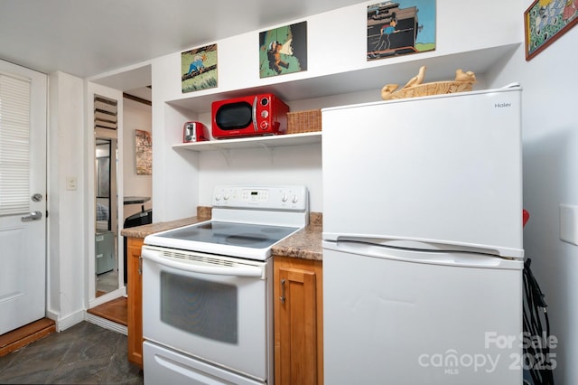 5 Arbutus Rd, Asheville, NC 28805 - kitchen featuring white appliances, open shelves, and brown cabinetry
