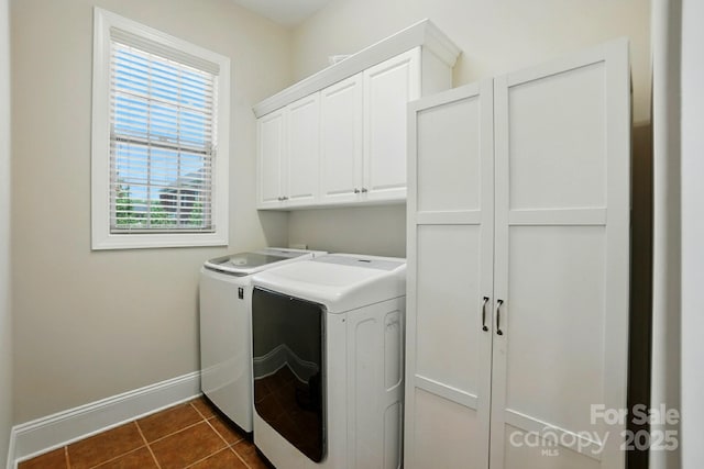 7903 Tottenham Ct, Waxhaw, NC 28173 - laundry room featuring washing machine and dryer, cabinet space, and dark tile patterned floors