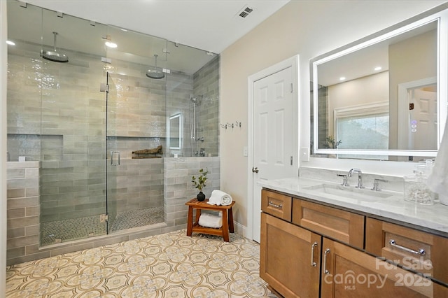 7903 Tottenham Ct, Waxhaw, NC 28173 - bathroom with vanity, a shower stall, recessed lighting, and tile patterned flooring