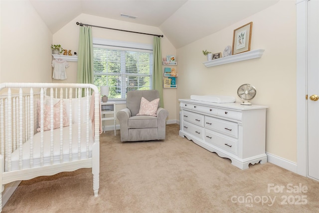 7344 Gilead Rd, Huntersville, NC 28078 - bedroom with a crib, light carpet, and lofted ceiling