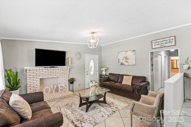 1627 33rd Ave NE, Hickory, NC 28601 - living room with crown molding, a chandelier, a textured ceiling, and a brick fireplace