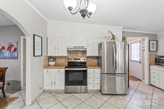 1627 33rd Ave NE, Hickory, NC 28601 - kitchen with stainless steel appliances, ventilation hood, tasteful backsplash, white cabinetry, and ornamental molding