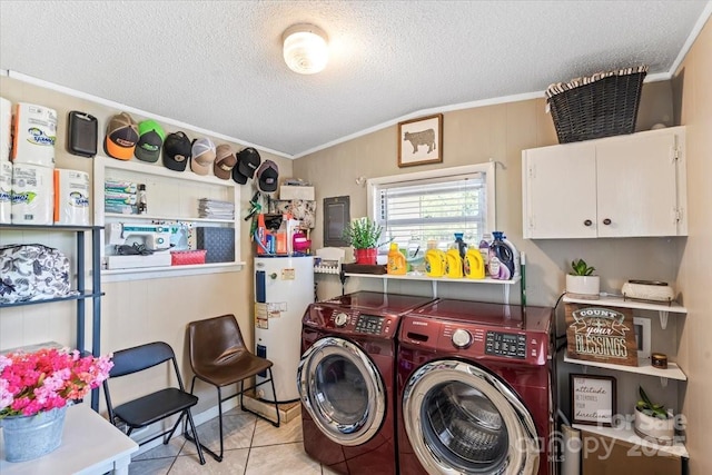 1627 33rd Ave NE, Hickory, NC 28601 - laundry area featuring water heater, separate washer and dryer, cabinet space, a textured ceiling, and crown molding