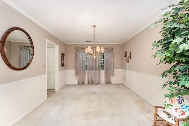 8701 Appaloosa Way Ln, Charlotte, NC 28216 - unfurnished dining area featuring light colored carpet, a chandelier, and ornamental molding