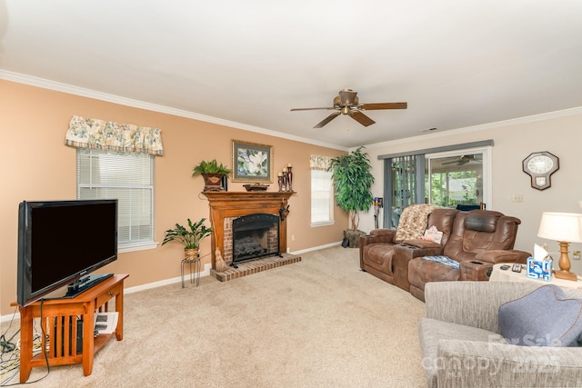 8701 Appaloosa Way Ln, Charlotte, NC 28216 - living area featuring ornamental molding, a ceiling fan, light colored carpet, and a fireplace