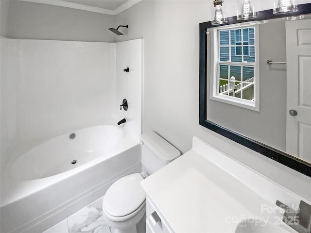 2010 Kansas City Dr, Monroe, NC 28110 - bathroom with vanity, crown molding, marble finish flooring, and  shower combination