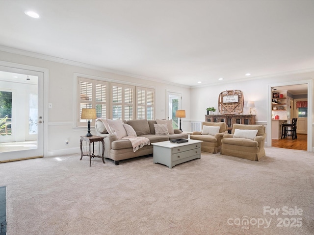 2032 Greenbrook Pkwy, Matthews, NC 28104 - carpeted living area featuring ornamental molding and recessed lighting