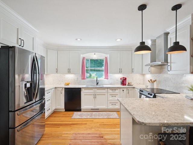 2032 Greenbrook Pkwy, Matthews, NC 28104 - kitchen featuring stainless steel fridge with ice dispenser, wall chimney range hood, black dishwasher, stove, and light wood finished floors