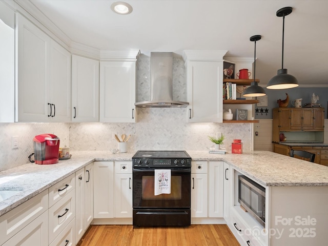 2032 Greenbrook Pkwy, Matthews, NC 28104 - kitchen featuring black electric range, wall chimney exhaust hood, stainless steel microwave, a peninsula, and open shelves