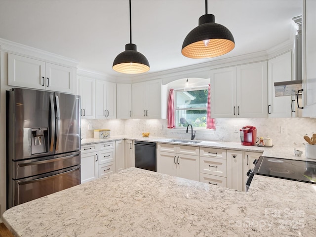 2032 Greenbrook Pkwy, Matthews, NC 28104 - kitchen with stainless steel fridge, black dishwasher, white cabinetry, and tasteful backsplash