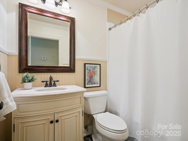 2032 Greenbrook Pkwy, Matthews, NC 28104 - bathroom featuring vanity, ornamental molding, and a shower with curtain