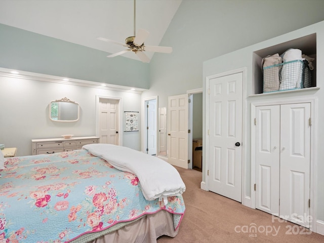 2032 Greenbrook Pkwy, Matthews, NC 28104 - bedroom with light colored carpet, high vaulted ceiling, and a ceiling fan