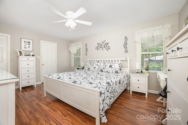 713 Hickory Hill Ct, Gastonia, NC 28054 - bedroom with dark wood-style floors, a ceiling fan, and an office area