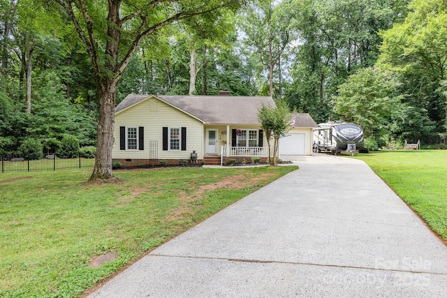 713 Hickory Hill Ct, Gastonia, NC 28054 - ranch-style house featuring covered porch, asphalt driveway, crawl space, a garage, and a chimney