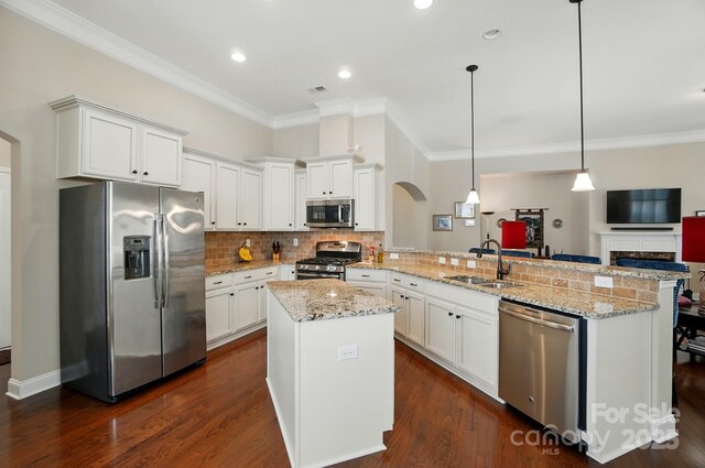 9330 Carneros Creek Rd, Charlotte, NC 28214 - kitchen featuring stainless steel appliances, arched walkways, a peninsula, ornamental molding, and tasteful backsplash