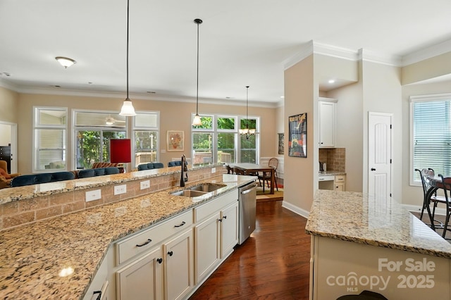 9330 Carneros Creek Rd, Charlotte, NC 28214 - kitchen featuring stainless steel dishwasher, dark wood-style floors, ornamental molding, light stone countertops, and decorative light fixtures