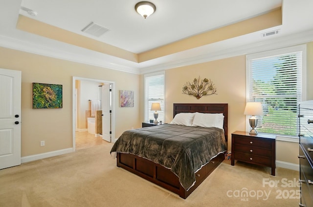 9330 Carneros Creek Rd, Charlotte, NC 28214 - bedroom featuring a raised ceiling, light carpet, multiple windows, and connected bathroom