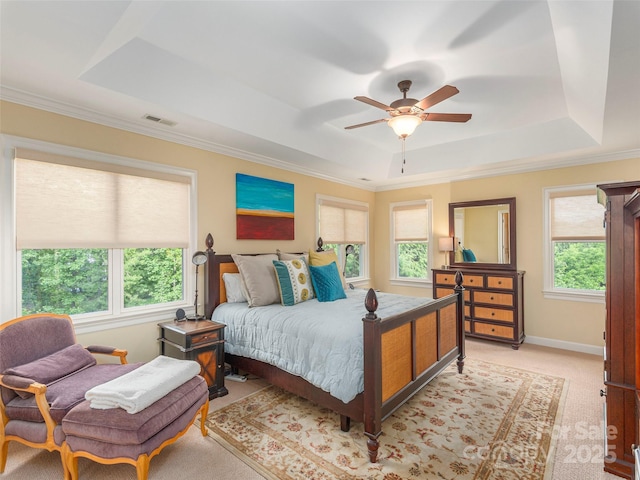 1 Hickory Rdg, Fletcher, NC 28732 - bedroom with a tray ceiling, light colored carpet, ornamental molding, and ceiling fan