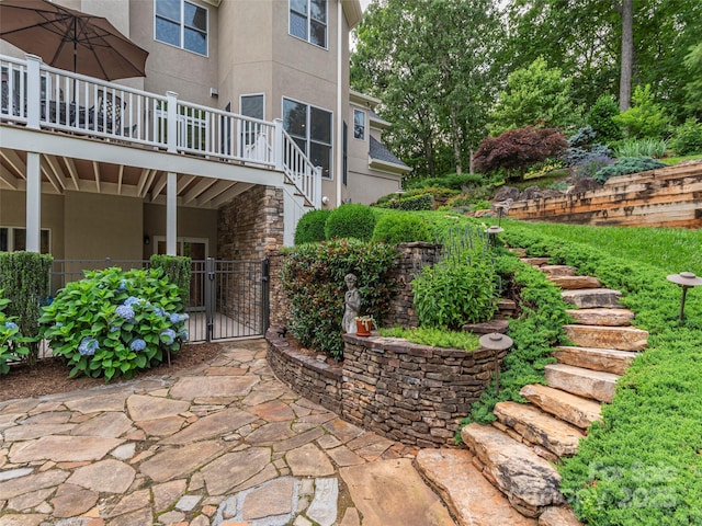 1 Hickory Rdg, Fletcher, NC 28732 - view of patio featuring a gate, a wooden deck, and stairway