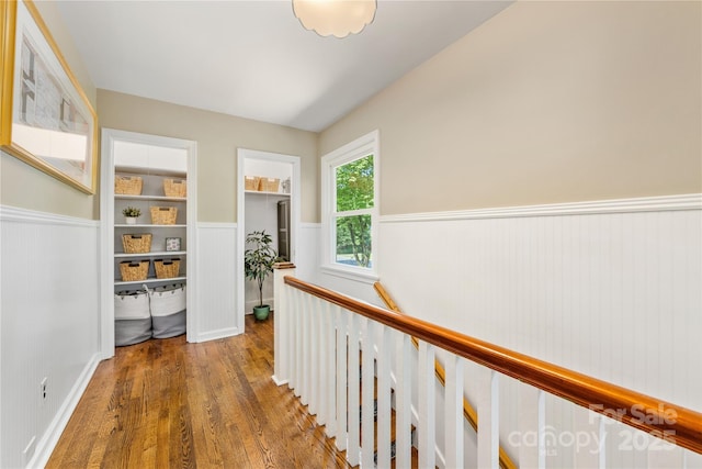 2034 Lanier Ave, Charlotte, NC 28205 - hallway with a wainscoted wall, wood finished floors, and an upstairs landing